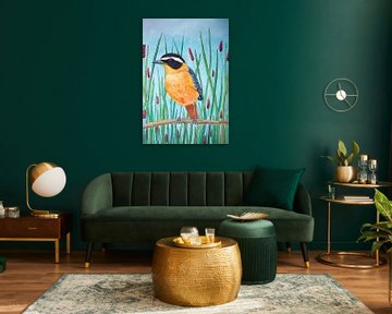 Witbrauwlawaaimaker, vogel geel en blauw van Gabriela Brakenhoff