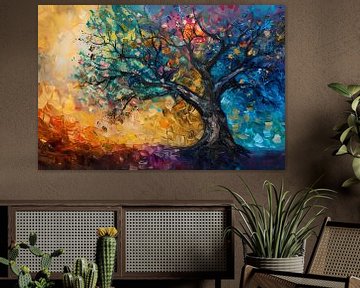 Abstract geschilderde kleurrijke boom in olieverf van De Muurdecoratie