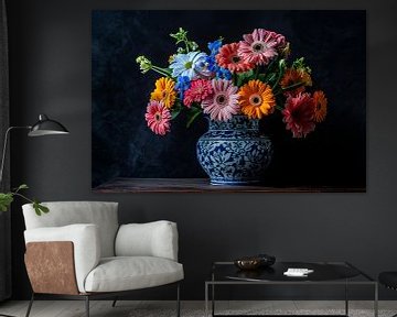 Elegant bloemenboeket in blauw-witte keramische vaas van Art & Soul Creations