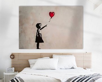 Silhouet van meisje met rode hartvormige ballon van De Muurdecoratie