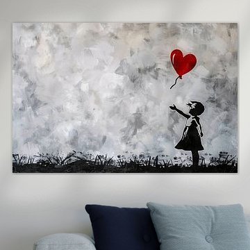 Silhouette eines Mädchens mit rotem Luftballon vor abstraktem Hintergrund von Art & Soul Creations