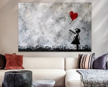 Silhouet van meisje met rode ballon tegen abstracte achtergrond van De Muurdecoratie