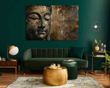 Boeddha portret met gouden en zwarte abstracte achtergrond van De Muurdecoratie