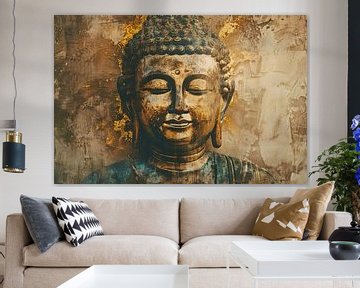 Vergulde Boeddha op artistiek bewerkte achtergrond van Art & Soul Creations