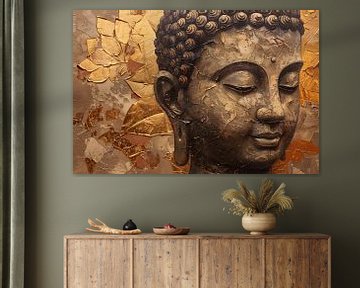Abstracte Boeddha met serene blik en gouden bladeren van De Muurdecoratie