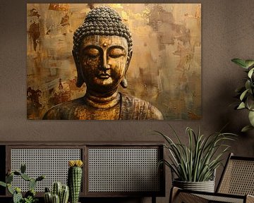 Boeddha in gouden gloed met rustieke achtergrond van Art & Soul Creations
