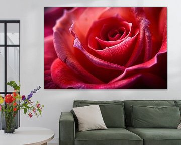 Elegante rode roos in volle bloei close-up van De Muurdecoratie