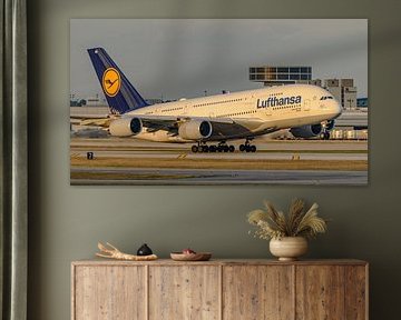Take-off Lufthansa Airbus A380-800 passenger aircraft.