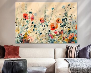 Abstract aquarel schilderij van kleurrijke wilde bloemen van De Muurdecoratie