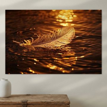 Gouden veer drijvend op water bij zonsondergang