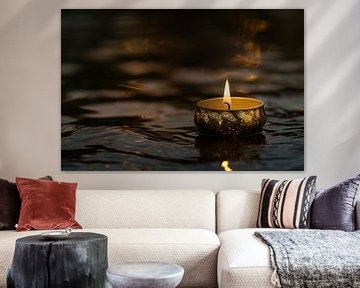 Sfeervolle kaars met gouden details op donker water van Art & Soul Creations