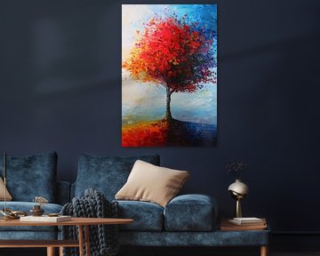 Expressieve kleurrijke boom met rode en oranje tinten van De Muurdecoratie