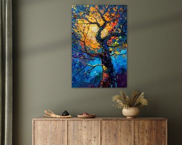 Dynamisch kleurrijk olieverfschilderij van een boom van De Muurdecoratie