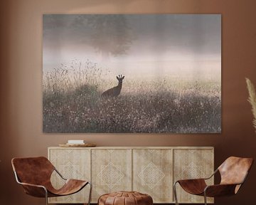 Ree on a misty morning with rising sun by Ria van den Broeke