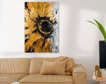 Abstracte zonnebloem in zwart, goud, oranje en wit van De Muurdecoratie