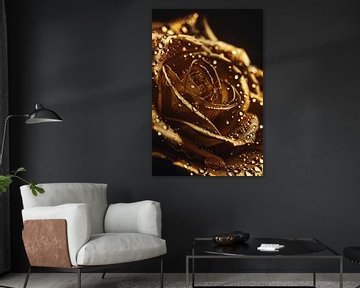 Gouden roos met glinsterende dauwdruppels close-up van Art & Soul Creations