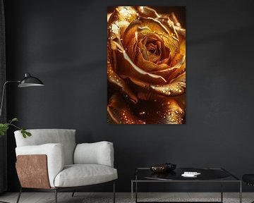 Close-up van een gouden roos met waterdruppels van Art & Soul Creations