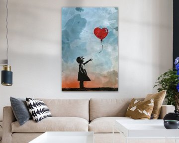 Silhouet van meisje met rode hartvormige ballon van Art & Soul Creations