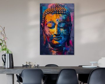 Abstract en kleurrijk Boeddha hoofd schilderij van Art & Soul Creations
