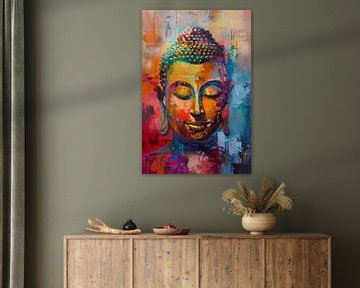 Dynamisch en kleurrijk olieverfschilderij van Boeddha van Art & Soul Creations