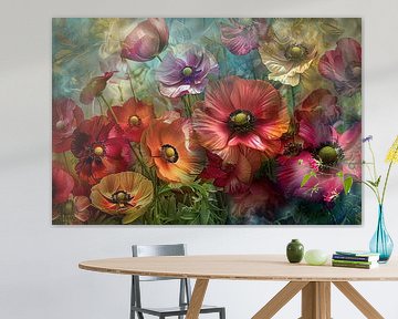 Kleurrijke abstracte impressie van diverse bloemen van De Muurdecoratie