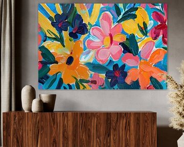 Kleurrijke abstracte impressie van bloemen en bladeren van De Muurdecoratie