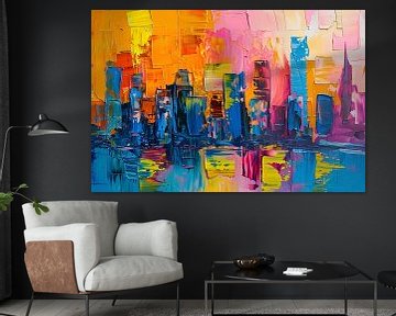 Levendige abstracte interpretatie van een stedelijke skyline van Art & Soul Creations