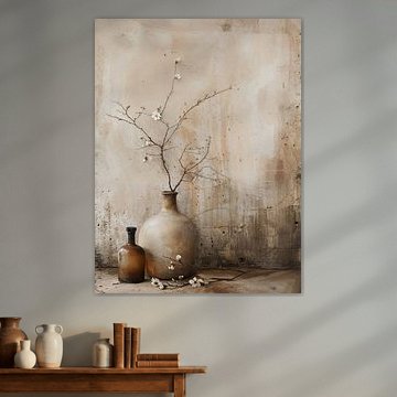 Still life with blossom in neutral earth tones by Japandi Art Studio