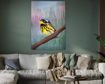Magnoliazanger gele vogel kijkt omhoog zit op tak