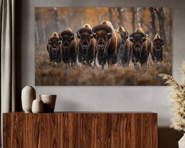 Kudde bizons in het bos panorama van TheXclusive Art