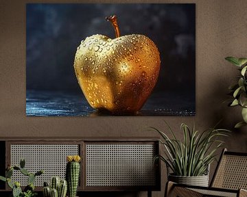 Gouden appel met glinsterende waterdruppels op donkere achtergrond van Art & Soul Creations