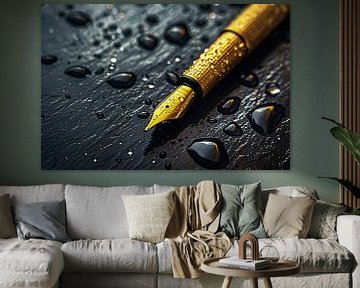 Elegante gouden pen op donkere achtergrond met waterdruppels van Art & Soul Creations