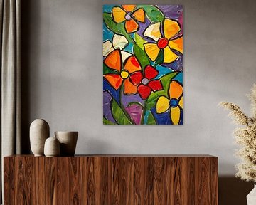 Kleurrijke en abstracte bloemenschilderij met dynamische uitstraling van De Muurdecoratie
