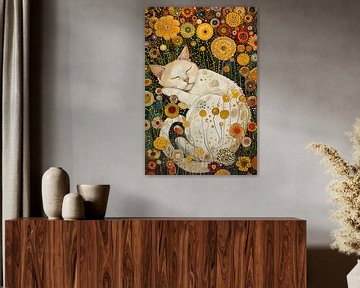 Flower Garden  met Kat in de stijl van Gustav Klimt van Caroline Guerain