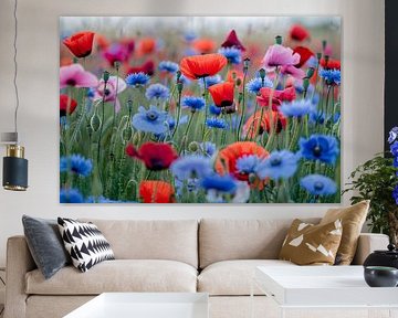 A vibrant field of poppies and cornflowers