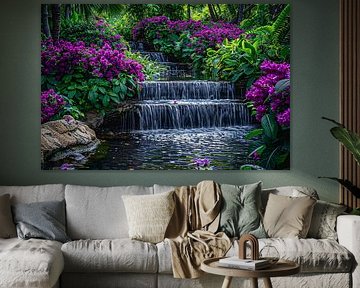 Enchanted garden with colourful flowers and cascading waterfall by Art & Soul Creations