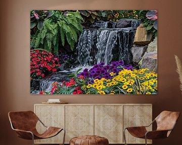 Colourful garden with flowers and waterfall by Art & Soul Creations