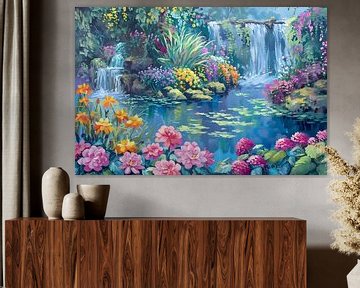 Betoverende Bloementuin met Levendige Waterval van Art & Soul Creations
