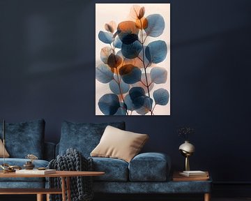 Abstracte compositie van blauwe en oranje bladeren van De Muurdecoratie