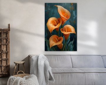 Elegante oranje calla lelies op artistieke achtergrond van Art & Soul Creations