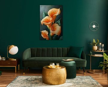 Oranje calla lelies met dauw tegen donkere achtergrond