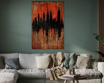 Moderne Abstracte Stadssilhouet met Oranje Zonsondergang van Art & Soul Creations