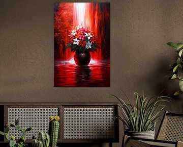 Levendige Bloemen in Elegante Zwarte Vaas op Rode Achtergrond van Art & Soul Creations