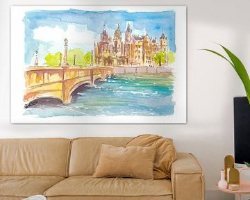 Schwerin Duitsland kasteel uitzicht aquarel scène in het middaglicht