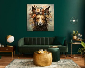 Schilderij Hond Bloemen van Abstract Schilderij