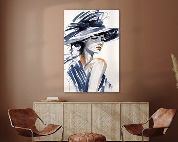 Elegant Lady with Big Hat in Shades of Blue by Color Square