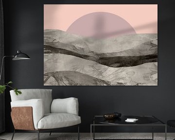 Zen kunst. Abstract landschap in Japanse stijl in roze, grijs, paars. van Dina Dankers