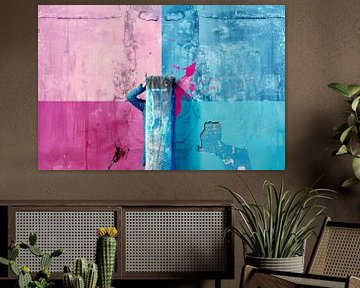 Abstract, mixed media, blauw en roze #1 van Joriali Abstract