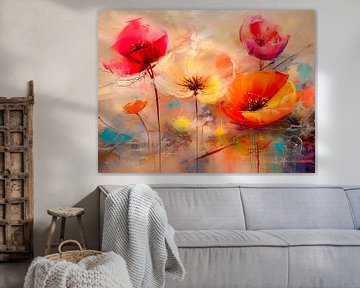 Mixed Media schilderij met Klaprozen in het veld van Studio Pieternel