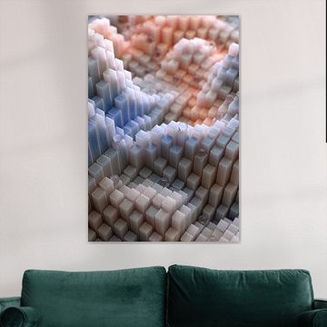 Abstrakte Landschaft aus eckigen Säulen mit Kugeln ohne Linsenverzerrungen